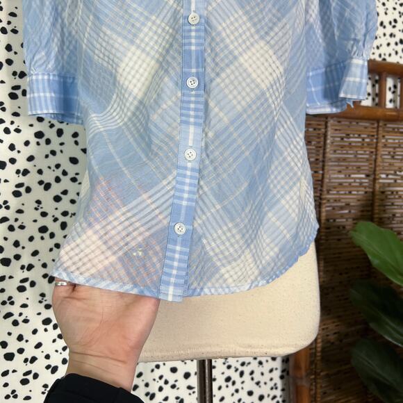 Veronica Beard | Plaid Print Blue White Semi Sheer Short Sleeve Button Blouse M - Picture 4 of 11